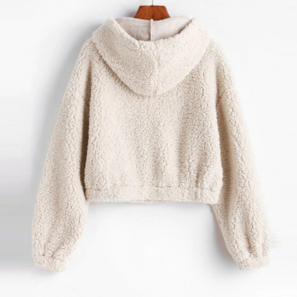 Cropped Cozy White Teddy w/hood - Picture 2 of 5